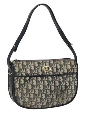 Christian Dior Trotter Canvas Shoulder Bag Navy Gold Auth 170926